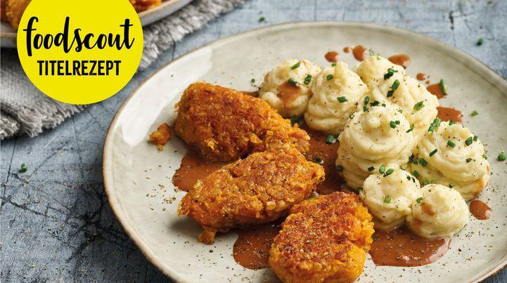 Rezeptbild: Karotten Nuggets mit Kartoffelpüree und Bratensauce