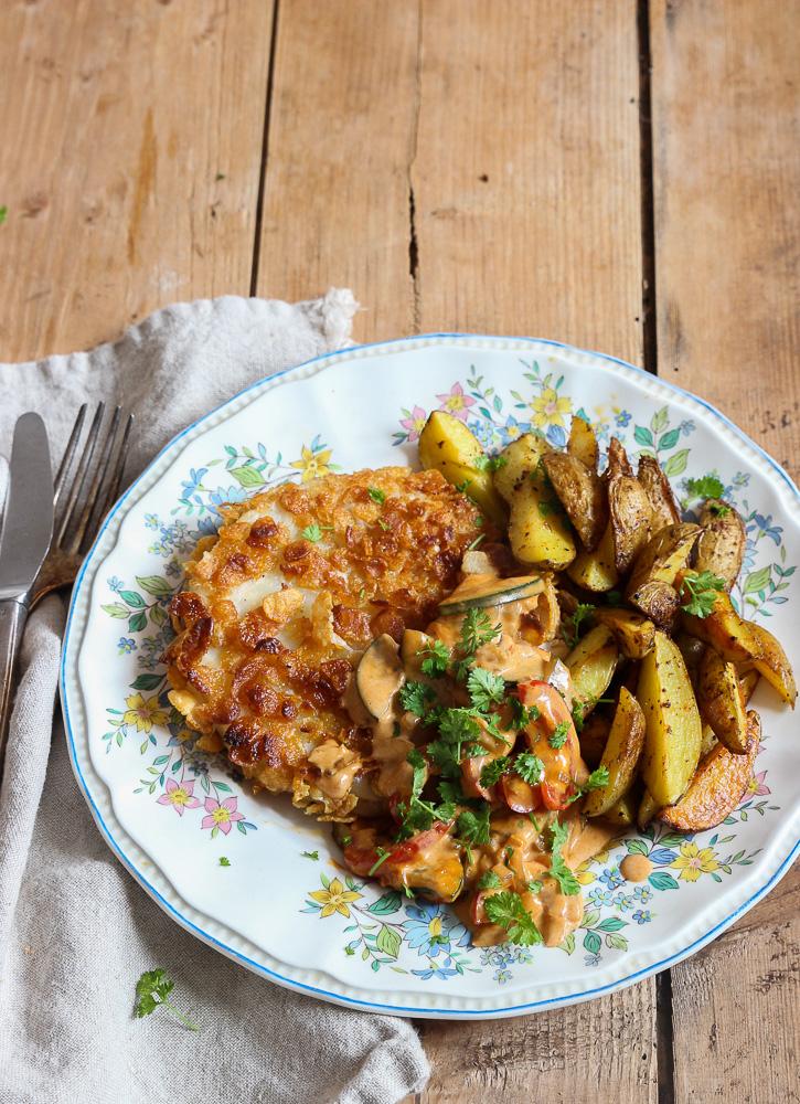 Rezeptbild: Sellerieschnitzel mit veganer Bratensoße und Kartoffelecken