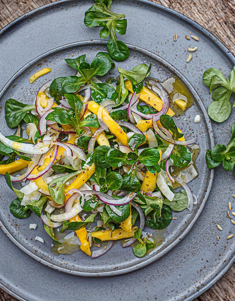 Rezeptbild: Wilder Feldsalat mit Mango und Fenchel