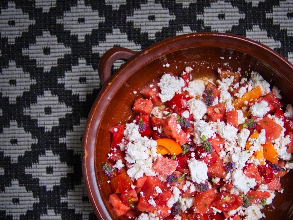 Rezeptbild: Tomaten-Wassermelonen-Salat mit Feta und Thymian