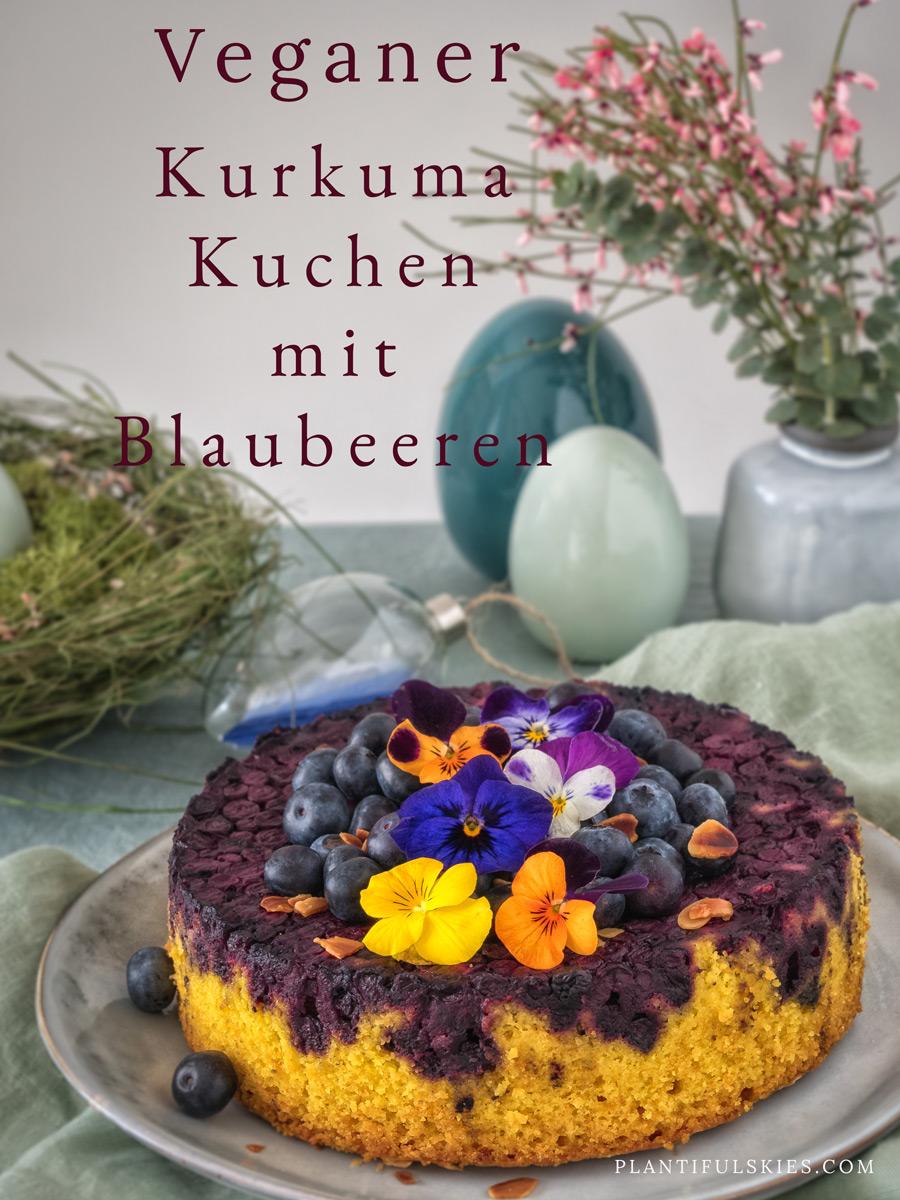 Rezeptbild: Kurkuma Kuchen mit Blaubeeren und knusprigem Mandelboden - vegan 