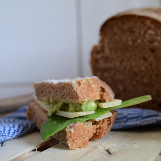 Rezeptbild: Avocado-Senf-Creme und Käse auf Roggenvollkorn-Sandwichbrot